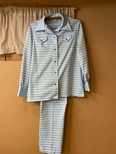 Vintage Women's Leisure Suit Blue  Whit Polyester 60s 70s Mod MCM Retro