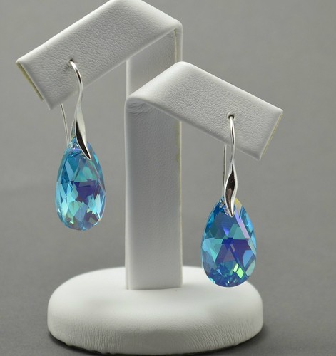 925 Silver HOOK PEAR ALMOND Earrings with SwarovskPrimero® Crystals - 22 mm - Picture 2 of 46