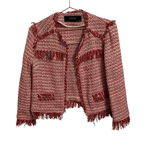 Zara Basic Collection Fringe Tweed Open Front Jacket Red, White Blue