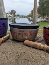 Silver Orange and Black Painted Aluminum Tibetan Singing Bowl 7" Buddha Deity