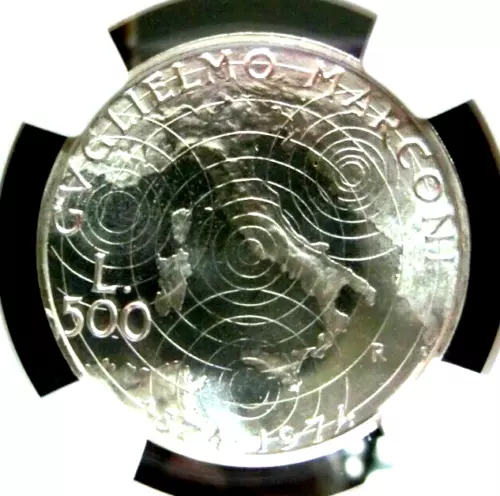 NGC MS67-Italy 1974R Guglielmo Marconi Silver 500 Lire Super GEMBU-No US Send