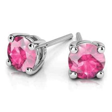 14k White Gold Plated Created Pink CZ Round Stud Earrings 6mm