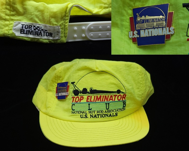 90s Neon Top Eliminator U.S. Nationals Indianapolis NHRA Drag Racing Hat & Pin