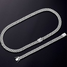 Hip Hop Iced CZ Out Stainless Steel Miami Cuban Link Bracelet  Chain Combo Set