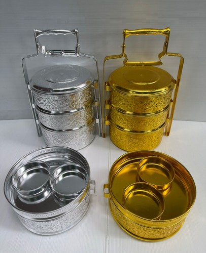 Vintage Style Thai Traditional Silver Aluminium Tiffin Gold Lunch Box 18 cm Gift - Picture 8 of 50