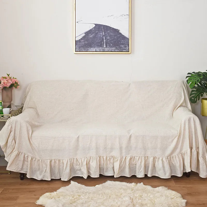 Ruffled Cotton Linen Sofa Bed Cover Blanket Sofa Towel for L