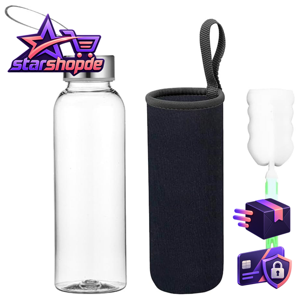 Glasflasche Bpa-Frei Classic Schwarz 550Ml Mit Nylon Tasche FüR Sport Unterwegs-image