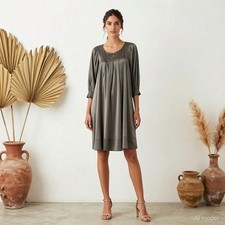 BRUUNS BAZAAR Evening Vintage Knee Length Dress Grey Satin Shift Sleeve US 4