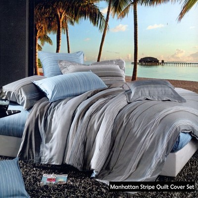 250TC 100% Cotton Manhattan Stripe Quilt Cover Set - SINGLE DOUBLE QUEEN KING