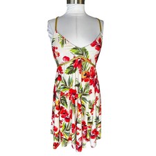 Vintage Guess USA Floral Hibiscus Mini Dress Cream Gold Metallic O-Ring Back M