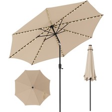 10 FT 112 LED Solar-Lighted Patio Table Market Umbrella Crank Tilt Outdoor Beige
