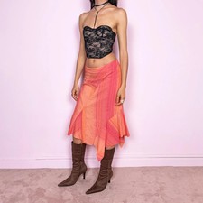 Vintage Orange Midi Skirt Patchwork Asymmetric Coral Fairy Y2K 2000s Size L