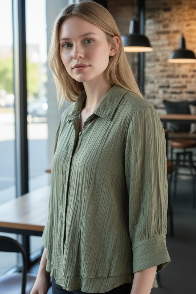Christopher & Banks Boho Women's 3/4 Sleeve Button Down Blouse SZ Sm Green