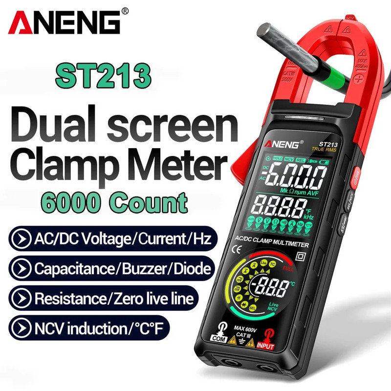 ANENG ST213 Digital Clamp Meter 6000 Count AC/DC Voltage Current Multimeter