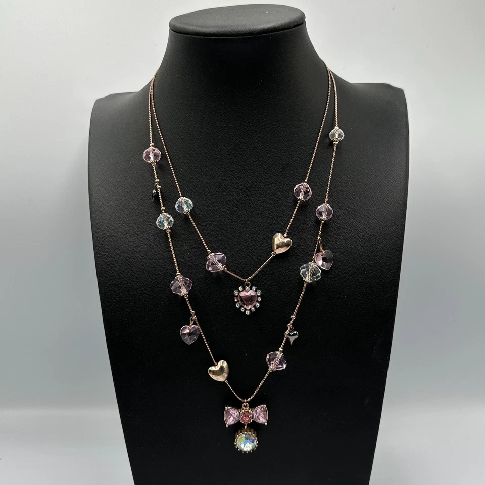 Betsey Johnson Necklace Gold Tone Pink Heart Beads Bow Charm Layered 22 Inch - Image 4 of 4
