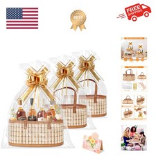 3 Set Baskets for Gifts Empty, Gift Empty Bamboo Basket Large, Foldable Woven...