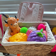 Assorted Pretend Play Toy Food Groceries Lot in Basket, Multicolored