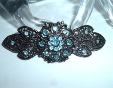 VINTAGE BLUE RHINESTONE 3.5" FLORAL HAIR BARRETTE