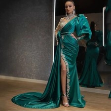 Emerald Green Satin Evening Gown One Shoulder Draped Dress Prom Dress Wedding