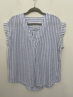 Rails Nala Popover Blouse Size M Blue Iris Stripe Linen Rayon Coastal Chic Beach