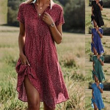  A-Linie-Kleid Damen Kurzarm Sommerkleid V-Ne...