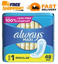 Always Maxi Pads without Wings, Size 1, Regular Absorbency, 48 Count