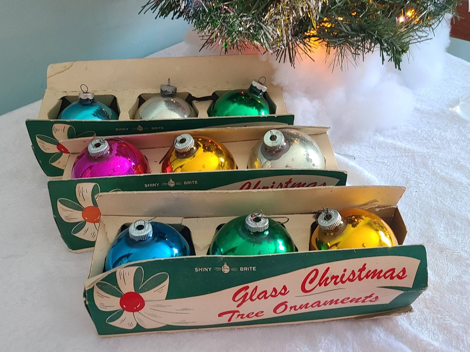 9 Vintage Shiny Brite Mercury Glass Ornaments in 3-Pack Sleeve / boxes 3.25"