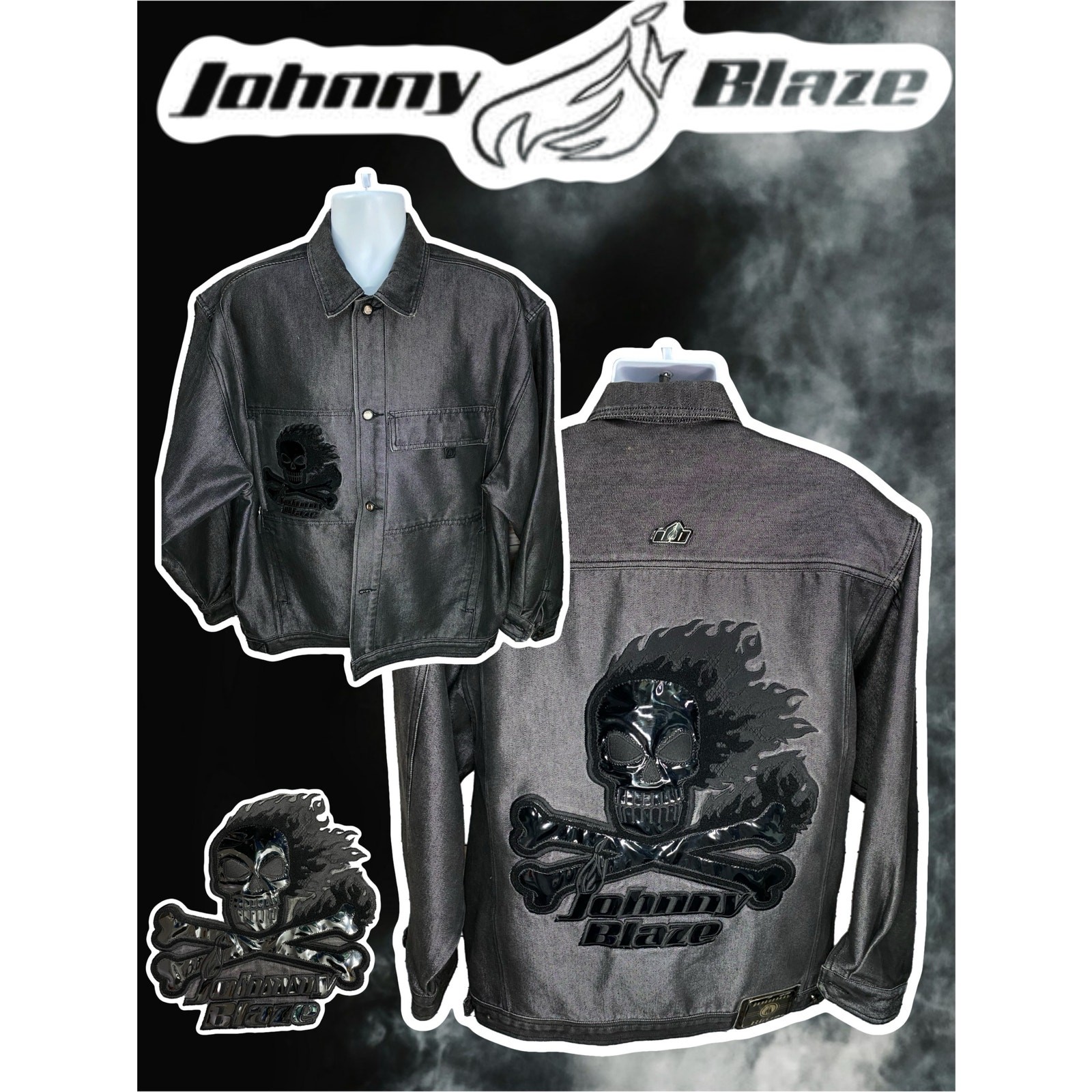 Johnny Blaze Method Man Jean Jacket Flame Skull Black Size XL Vintage Y2K