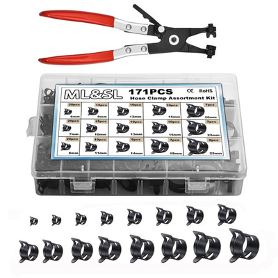 #ad 171Pcs 6 25mm Spring Band Hose Clamps With Swivel Flat Plier Assortment Kit ... $52.92