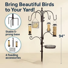 Bird Feeding Station Pole Kit 94" Outdoor Stand w/ 4 Feeders Tray Bath Hooks