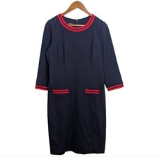 Talbots Career Shift Midi Dress 10 Navy Blue Red Trim Modest Ponte Knit Office