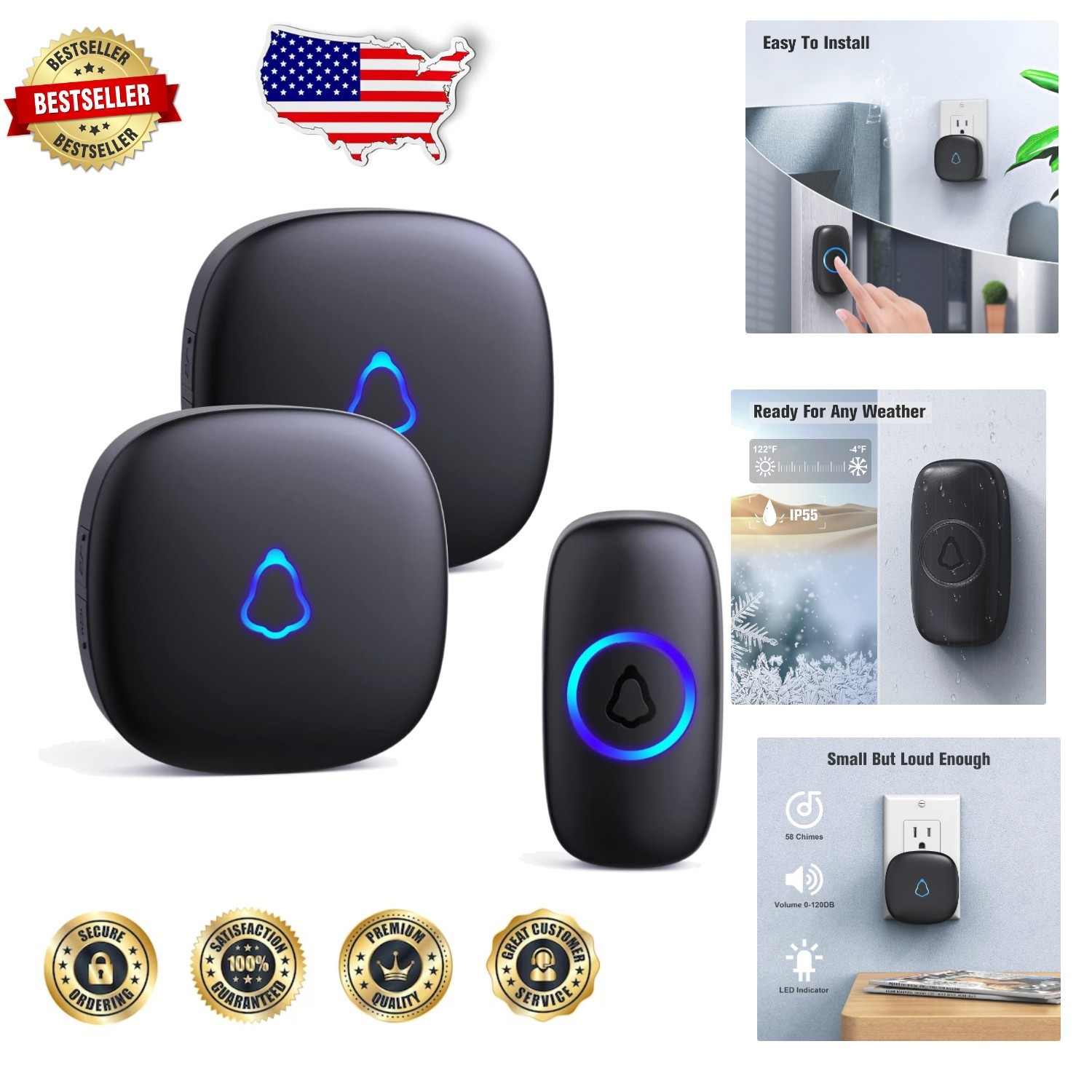 Wireless Doorbell with 58 Chime Options LED Display 1000ft Range Memory Feature-image