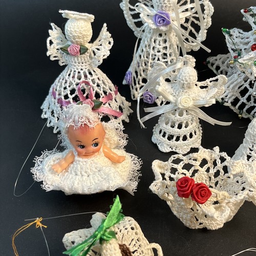 Posten 13 Vintage Handarbeit gehäkelt Engel Baum Glocken Baby Weihnachtsschmuck weiß - Bild 2 von 14