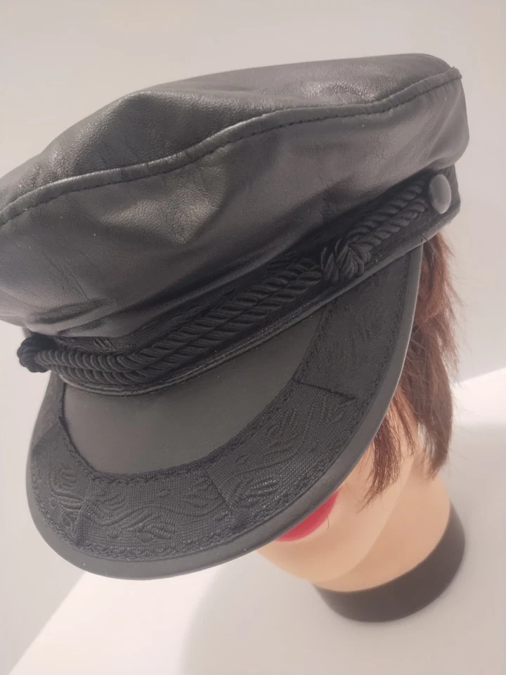 Vintage Cabbie Newsboy Leather Cap Hat Black USA Rope Trim - Image 2 of 4