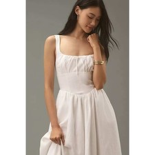 Reformation White Linen Adreena Mini Dress Size 12 Smocked Back Tie Front