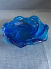 Vintage MCM Fenton Art Glass Blue Textured Swirl Trinket Ashtray Dish Bowl 8"