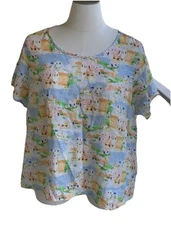 Cynthia Rowley 100% Linen Top Plus 2X Greek Island Print Santorini Blouse Boxy