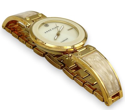 Vintage \'80s Anne Klein MOP & Diamond Face, Shimmery Enamel Goldtone Link Watch Vtg  main image 4