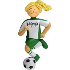Personalized Christmas Ornament - Blonde Female Soccer Player in Green Uniform