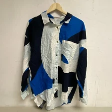 CALIA Women's Oversized Long Sleeve Button Down Cover Up Wavy Blocks Blue WSA239