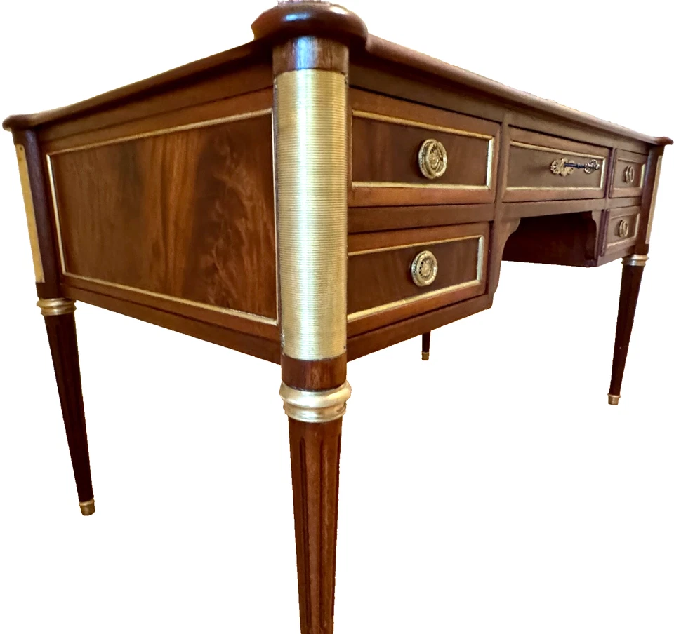 Louis XVI French  Mahogany/Burled/Leather Bureau Plat Desk Late 19th Century - Image 3 of 4
