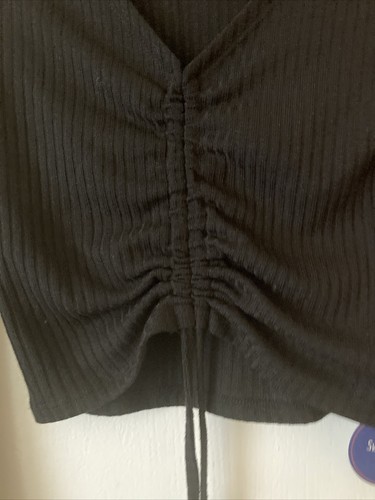 SweatyRocks Women's Solid Drawstring V Neck Black Tunic Bell Sleeve Shirt Side L - Picture 4 of 12