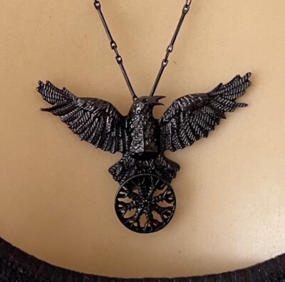 Gothic Raven Necklace Victorian Revival Black Winged Flying Crow Pendant