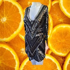 Express Black Sequin V Neck Bodycon Dress with See through Sleeve Parts Size