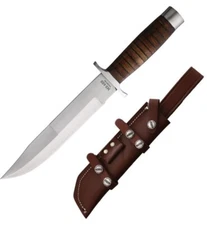 Marbles Fixed Knife 8.75" Stainless Steel Full Blade Stacked Leather Handle 488