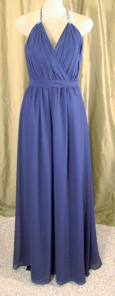 Vestido de graduación formal drapeado de gasa adornado con escote de cristal azul marino talla 10 Foto 3 de 4