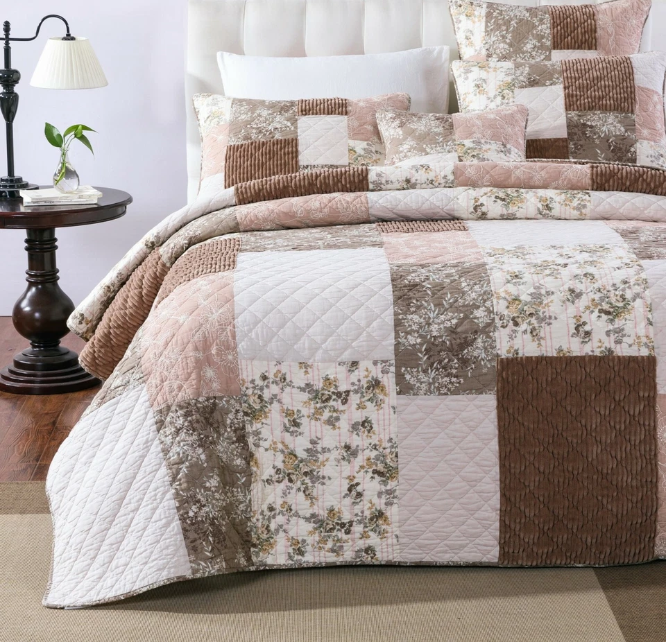 DaDa Bedding Floral Cottage Patchwork Tan Pink Beige Cotton Quilt Bedspread Set - Image 2 of 4