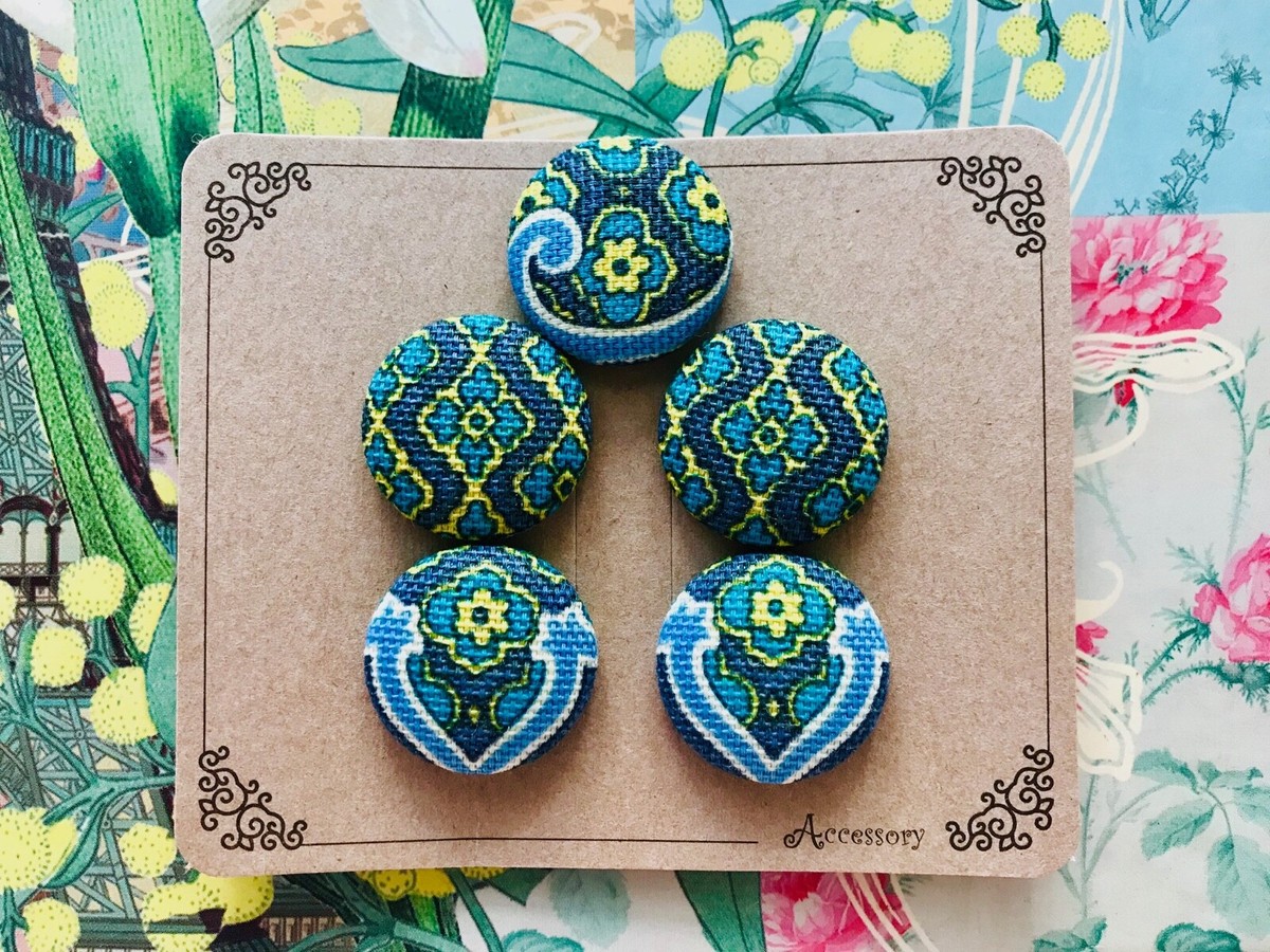 Set of Small Green/Blue Handmade Fabric Covered Buttons, Sewing