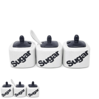 SET MIT 3 SCHWARZEN ZUCKERTÖPFEN MIT LÖFFELN KÜCHE AUFBEWAHRUNG KERAMIK ORGANISATION 8 CM
