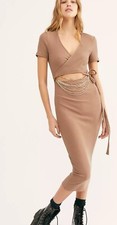 Free People Beach Vroom Vroom Ribbed Cutout Tie Waist Midi Dress Tan Size L
